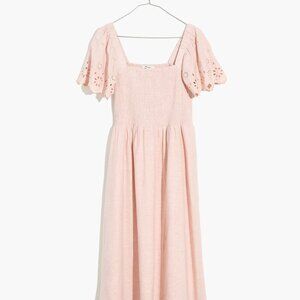 Madewell Linen-Blend Eyelet-Sleeve Lucie Smocked Midi Dress